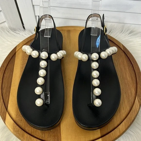 STUART WEITZMAN l Goldie Pearly Leather Flat Strap Sandal Black Leather Size 7 - Picture 4 of 15